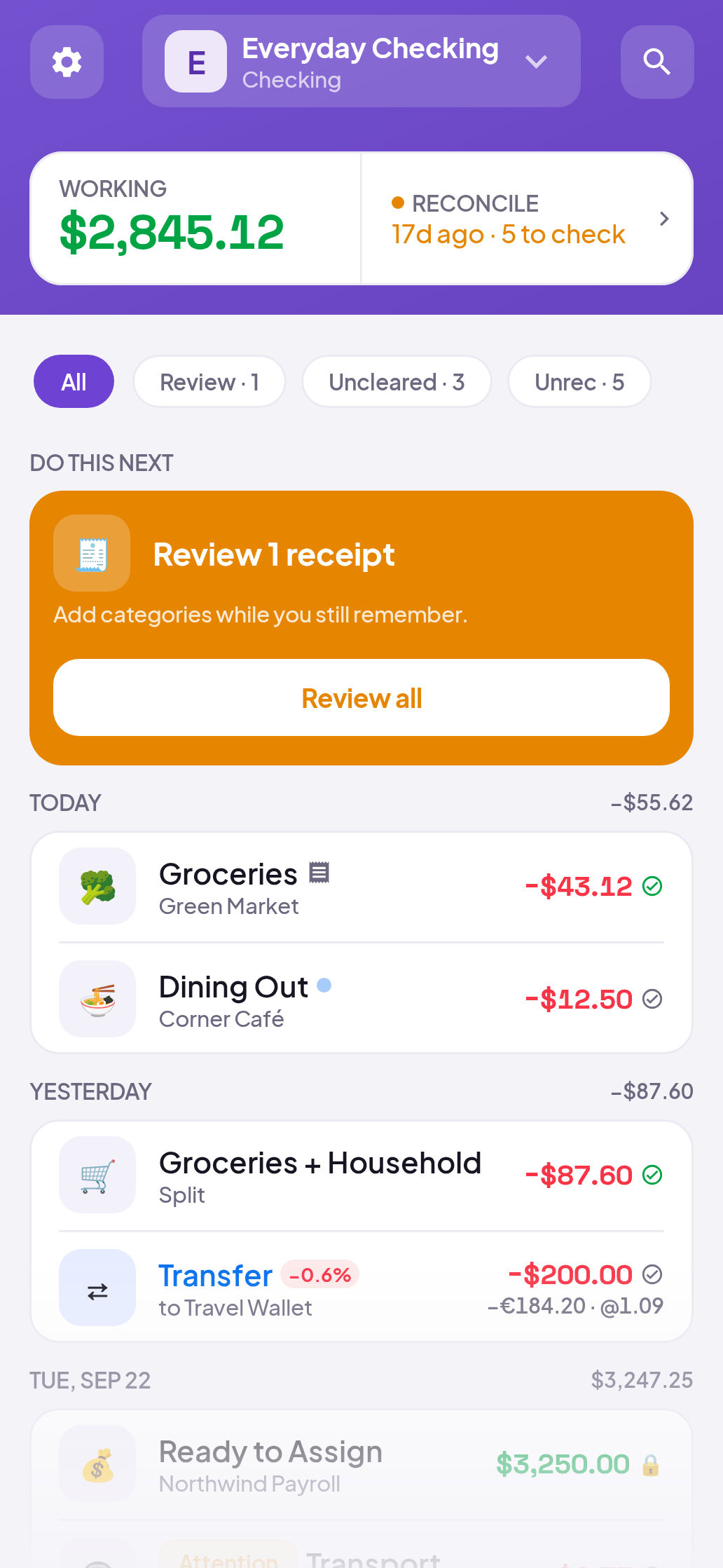 Fili expense tracker showing purchases and transfers