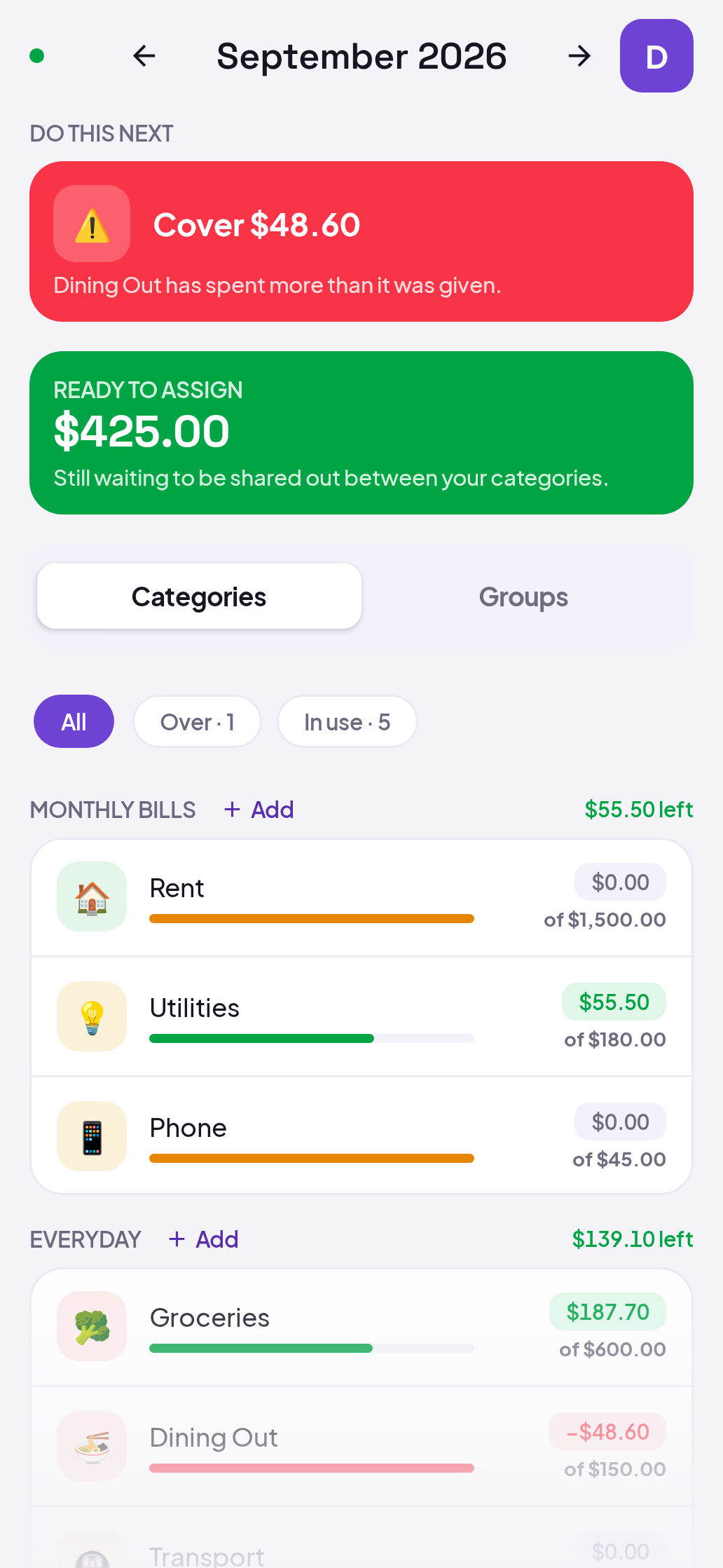 Fili app: what is left in each budget category