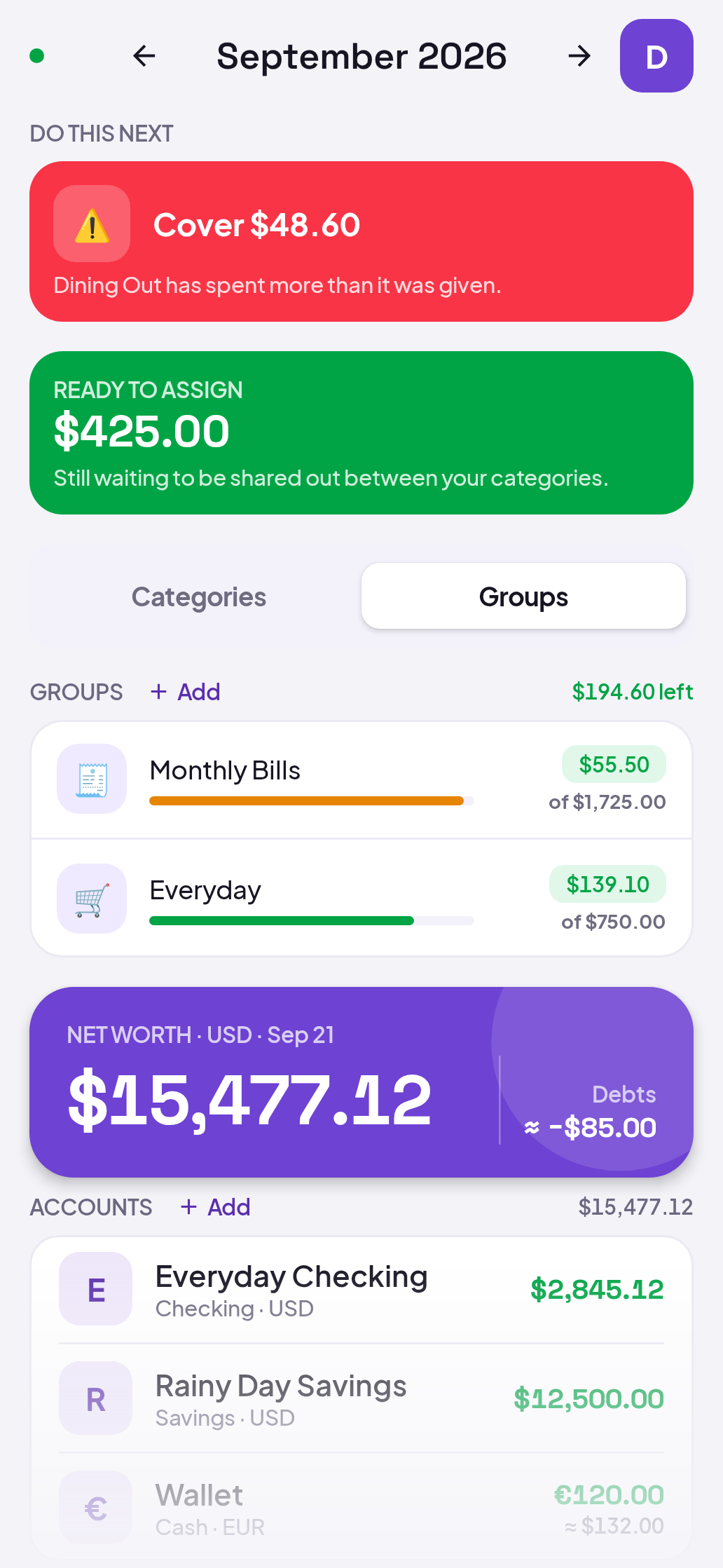 Fili app: spending groups