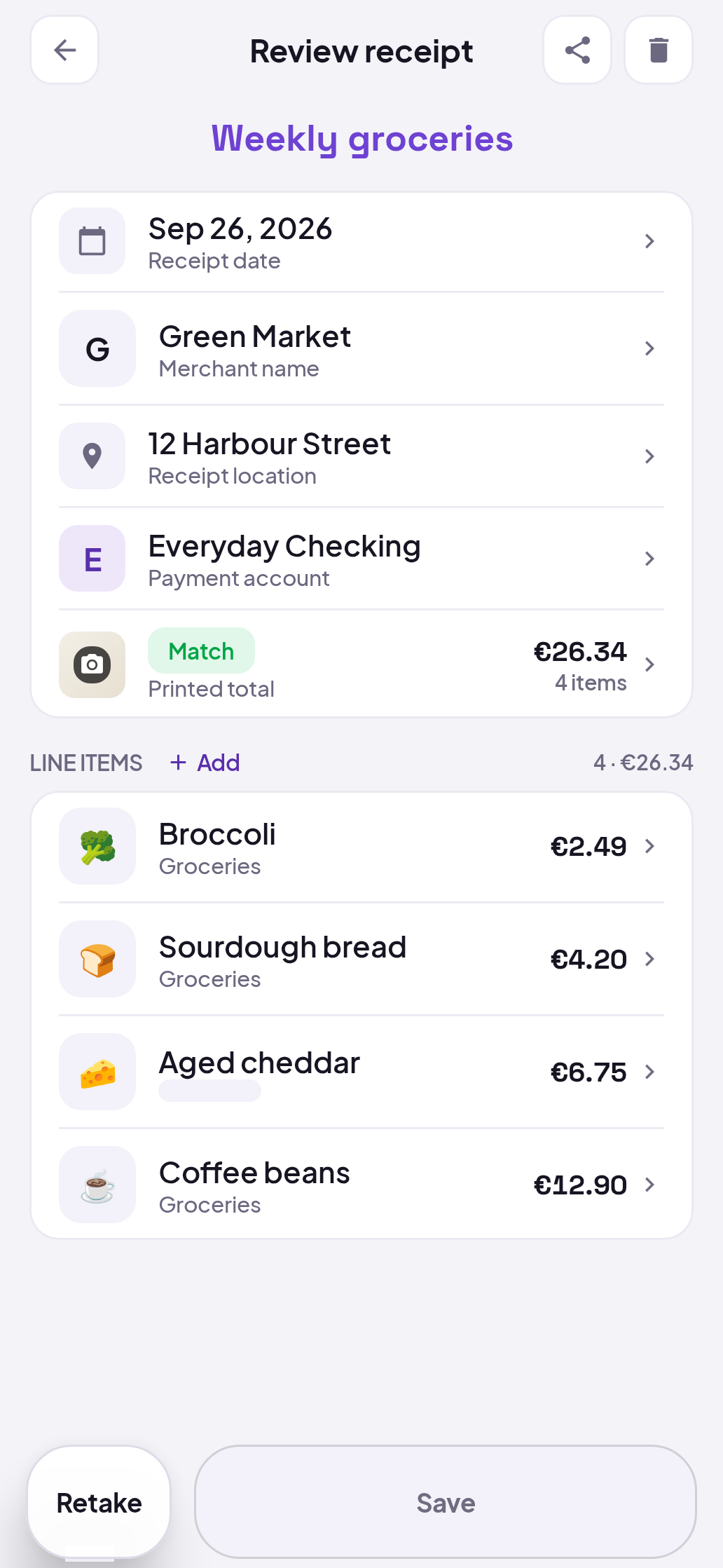 Receipt review in Fili: purchase items, prices and expense categories