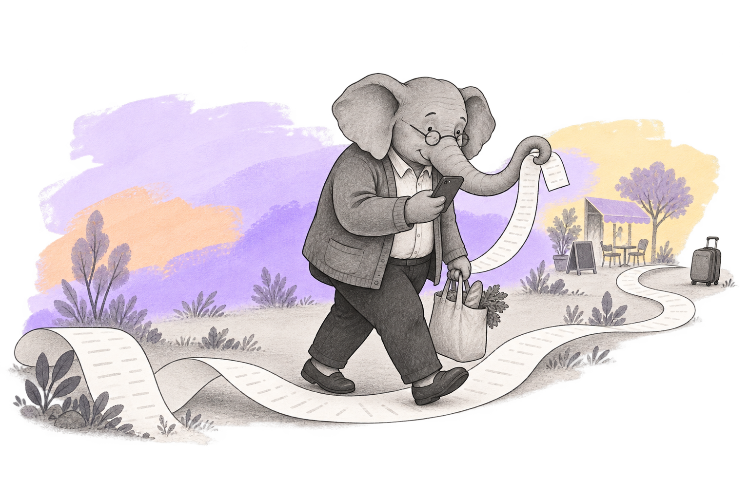 Fili, an elephant in glasses, photographs a receipt at a table.